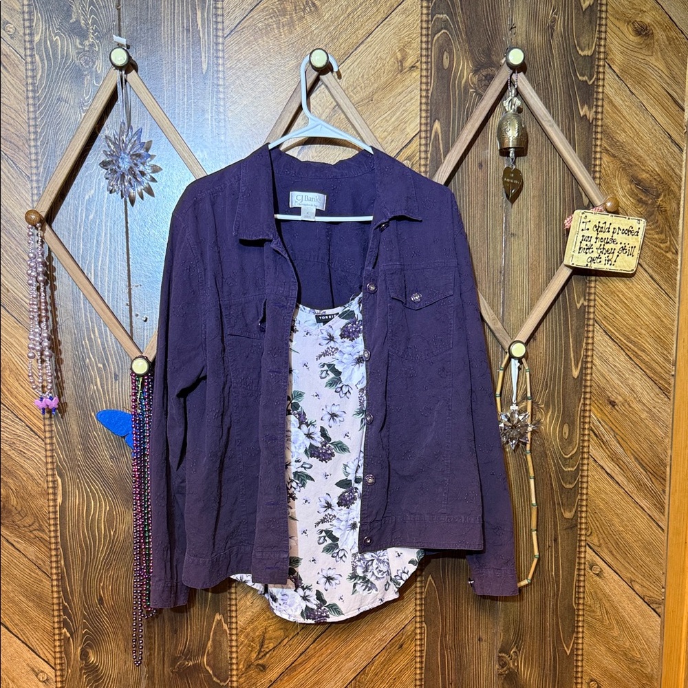 CJ Banks Purple Button-Front Shirt Jacket with Floral Tank